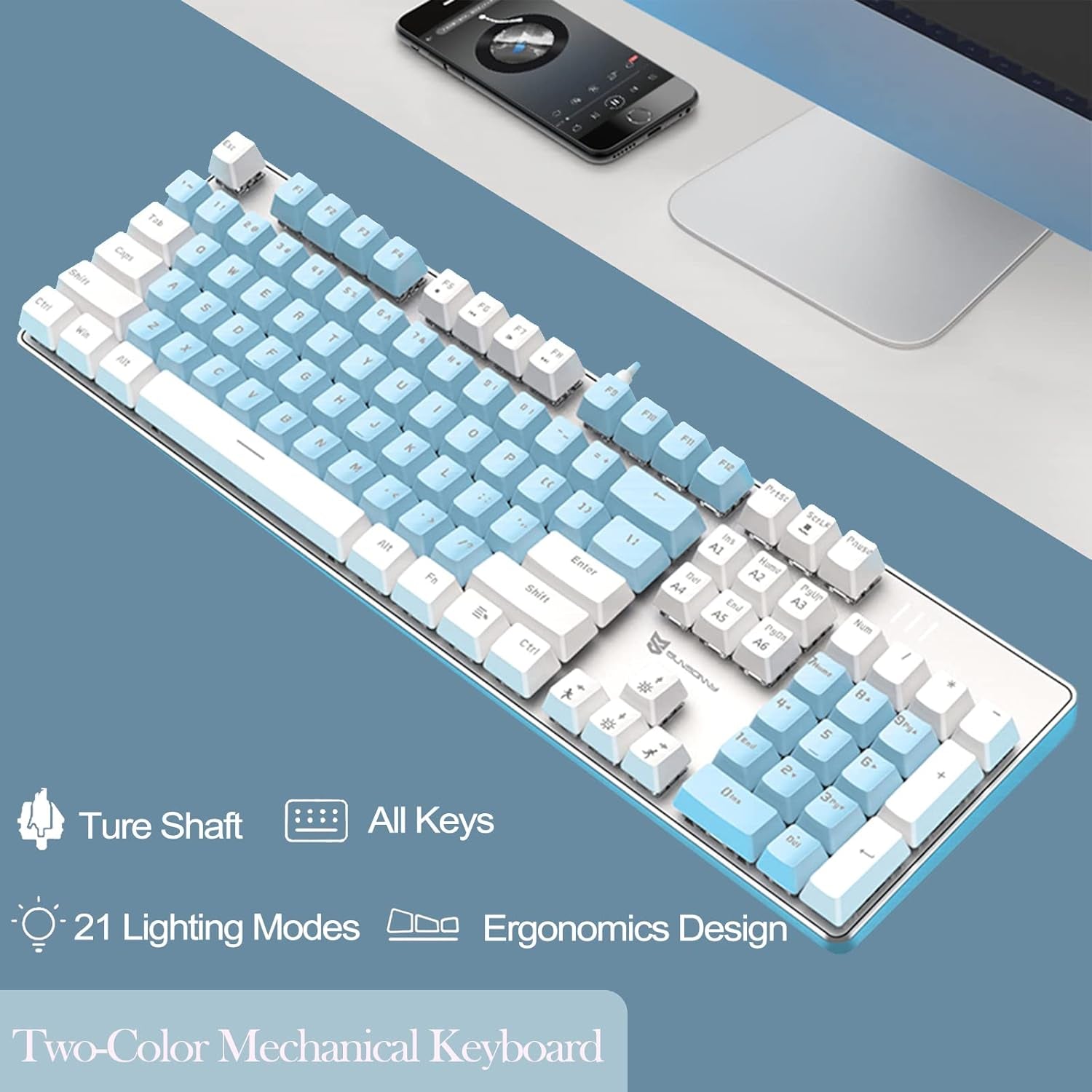 Mechanical Gaming Keyboard, LED Backlit Wired Computer Keyboard with Blue Switches, Compact PC Gaming Keyboard with 21 Lighting Modes, for Windows Laptop PC Mac (Blue Switch)