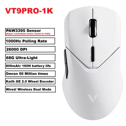 VT9PRO PAW3398 Wireless Gaming Mouse 26000DPI 68G Lightweight Wired Wireless Mouse 160H Super Long Battery Life