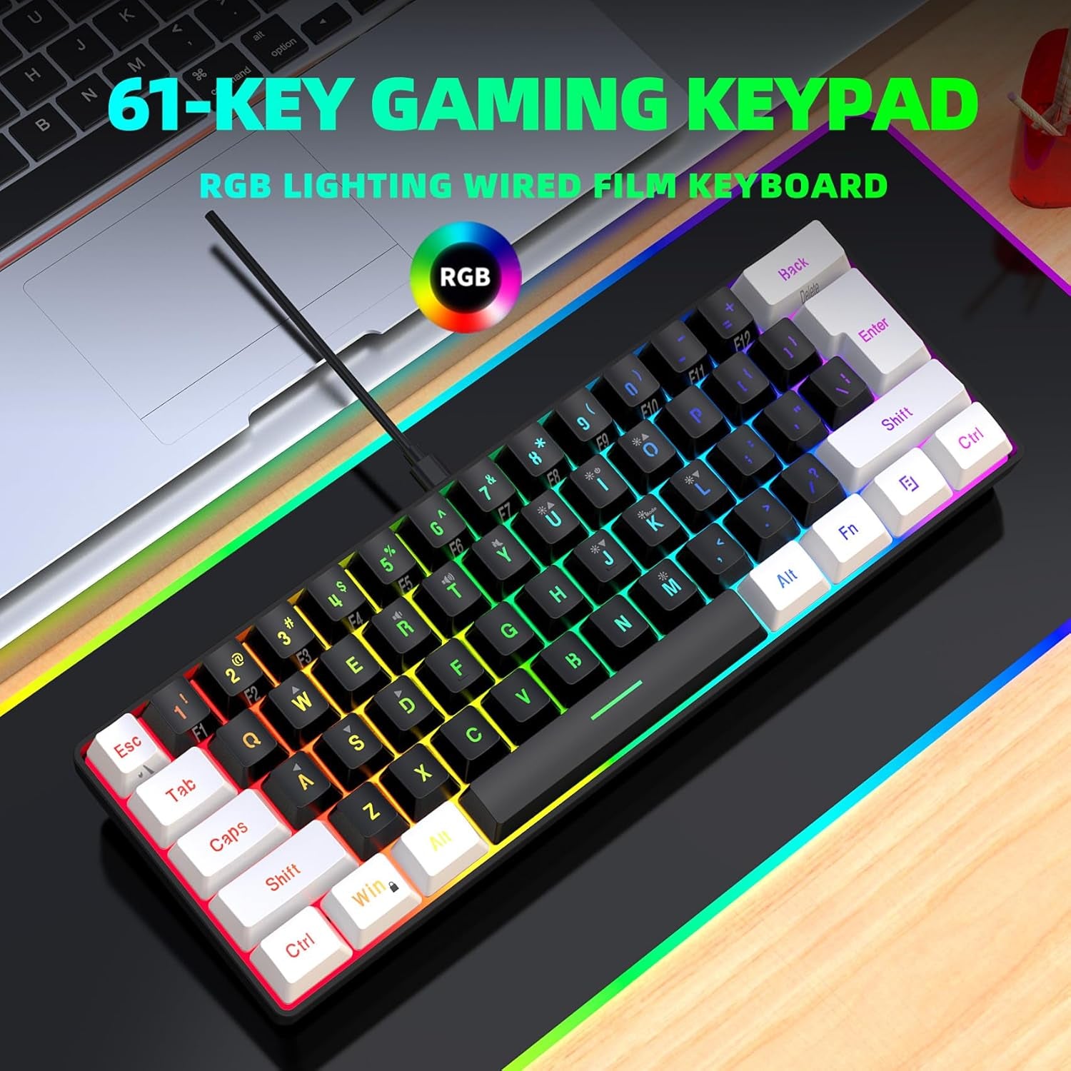 60% Wired Gaming Keyboard, Small RGB Backlit Membrane Gaming Keyboard, Ultra-Compact Mini Waterproof Keyboard for PC Computer Gamer White and Black