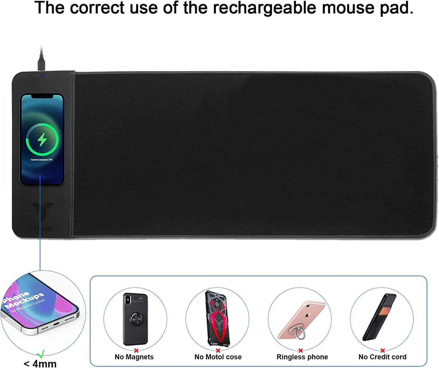 Gaming Mouse Pad with 15W Wireless Charging, Large