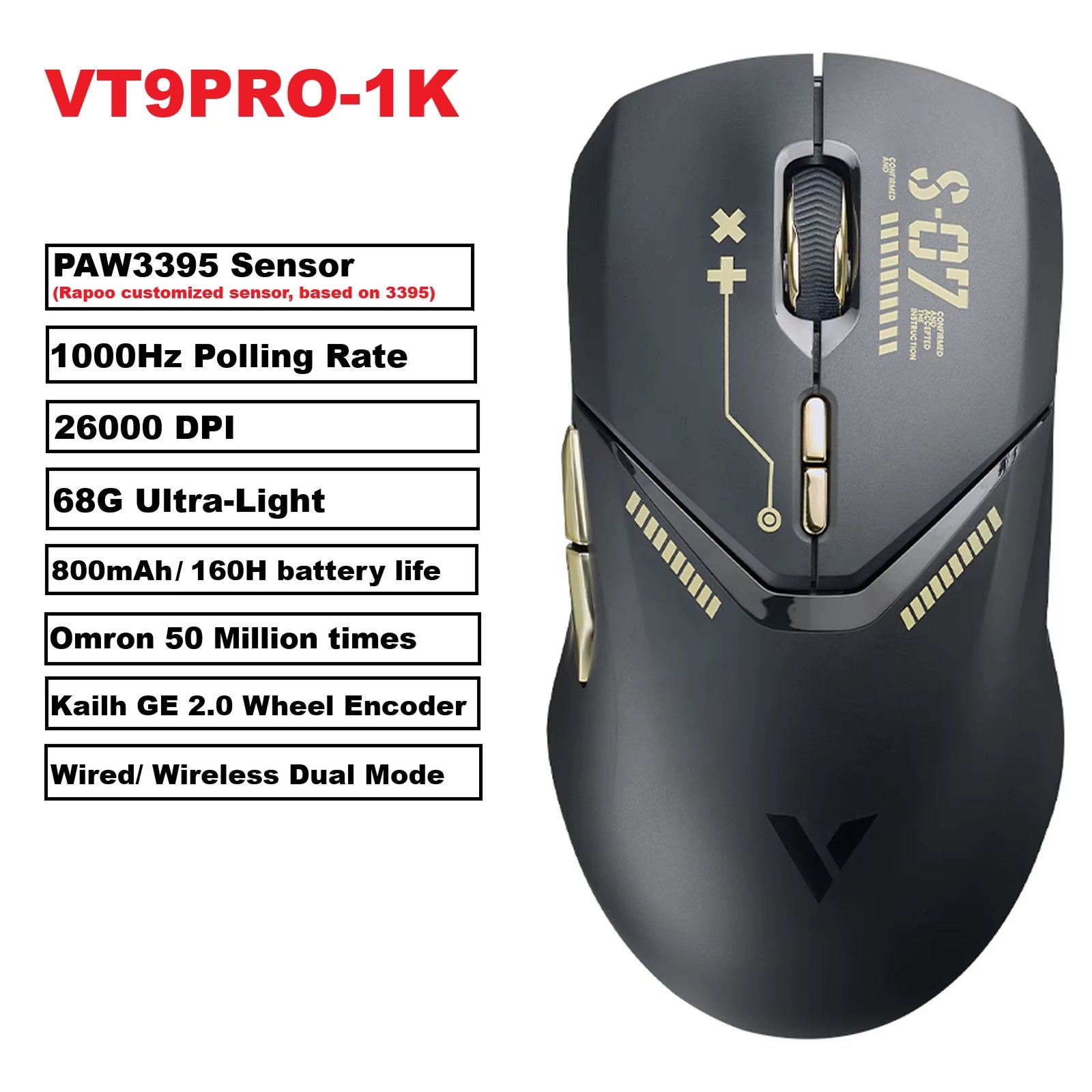 VT9PRO PAW3398 Wireless Gaming Mouse 26000DPI 68G Lightweight Wired Wireless Mouse 160H Super Long Battery Life