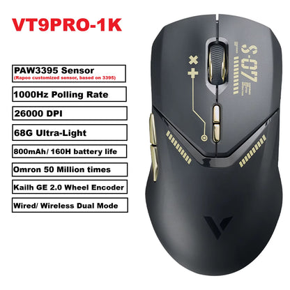VT9PRO PAW3398 Wireless Gaming Mouse 26000DPI 68G Lightweight Wired Wireless Mouse 160H Super Long Battery Life