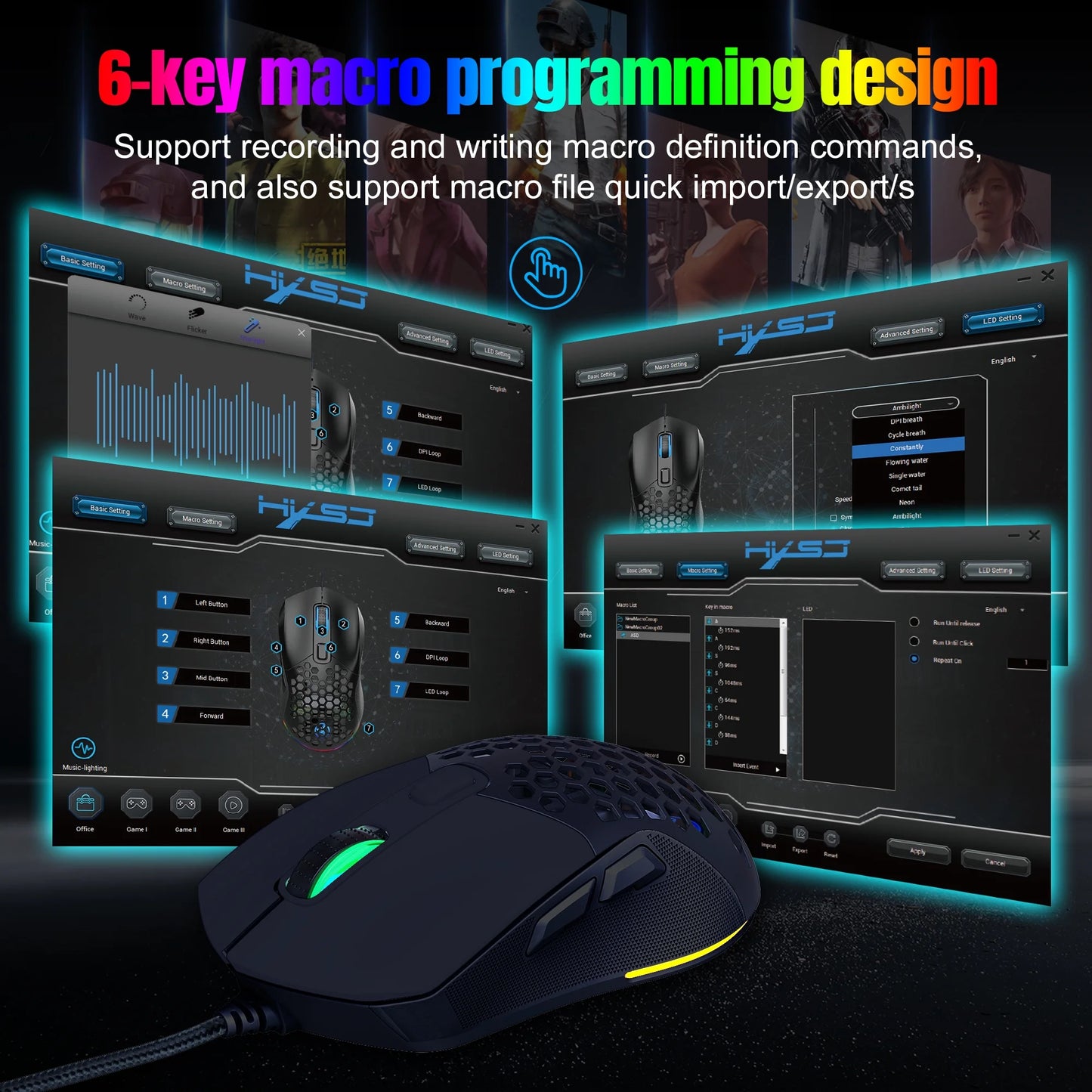 Wired Gaming Mouse with Swap Honeycomb Shell,Adjustable 7200 DPI,6 Programmable Buttons,Lightweight Gaming Mice with 12 RGB Backlight for Windows PC Gaming and Office,Black