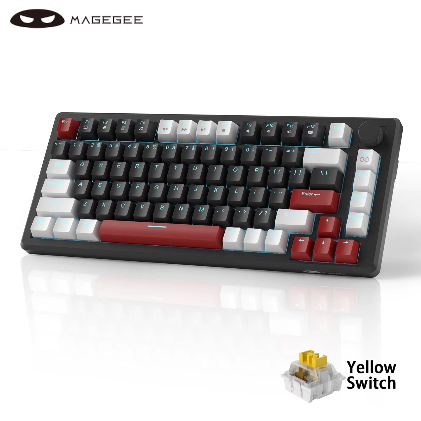 75% Mechanical Gaming Keyboard with Knob Control, Blue Backlit Wired Gaming Keyboard Red/Yellow Switch for PC Windows