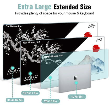 Desk Mat 31.5 X 11.81 Inch XL Extended Gaming Mouse Pad - Large Mouse Pad for Desk - Rubber Base Mousepad with Stitched Edges - Keyboard and Mouse Mat for Work, Game, Office, Home,Japanese Sea Wave
