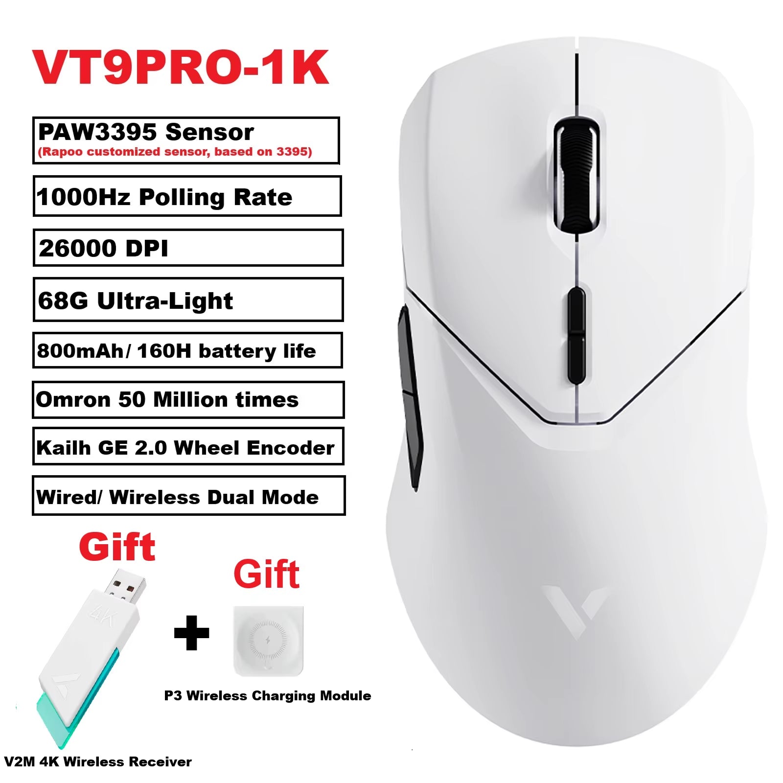 VT9PRO PAW3398 Wireless Gaming Mouse 26000DPI 68G Lightweight Wired Wireless Mouse 160H Super Long Battery Life