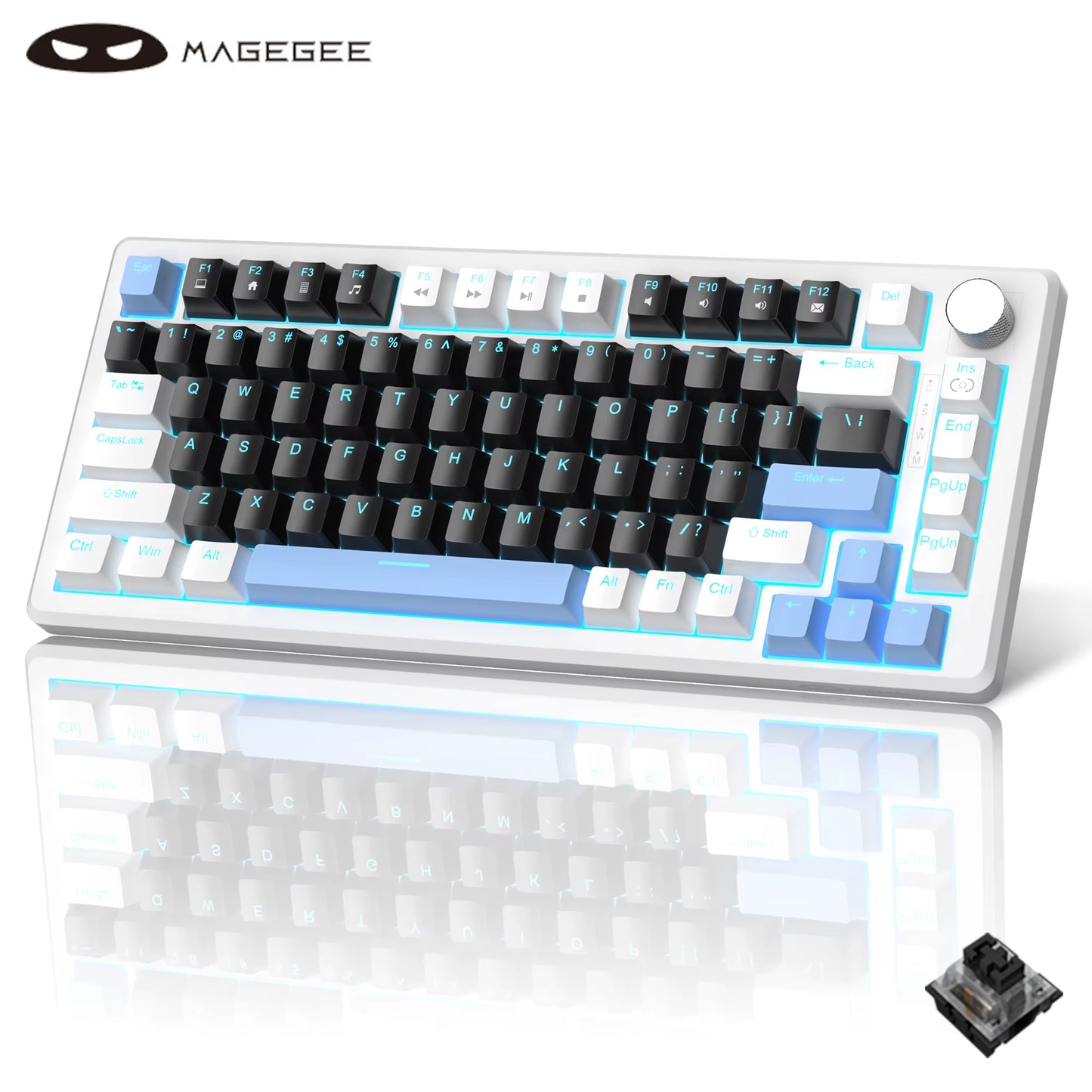 75% Mechanical Gaming Keyboard with Knob Control, Compact Blue Backlit Wired Keyboard Black/Brown Switches for Pcwindows