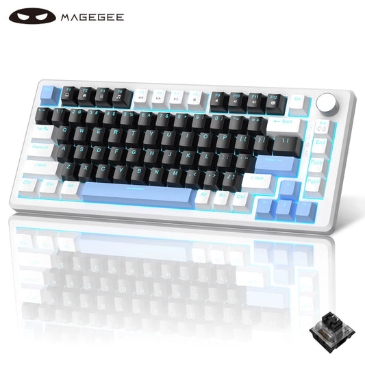 75% Mechanical Gaming Keyboard with Knob Control, Compact Blue Backlit Wired Keyboard Black/Brown Switches for Pcwindows