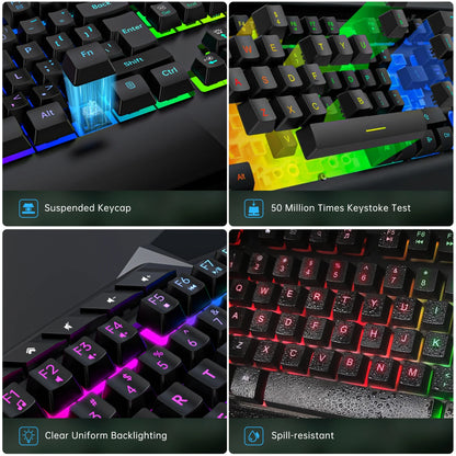 Wired Gaming Keyboard and Mouse Combo, LED RGB Backlit 114 Keys Mechanical Feel Anti-Ghosting Game Keyboard with 12 Multimedia Keys & 7 Colors Backlit Gaming Mouse for Windows PC Laptop Gamer