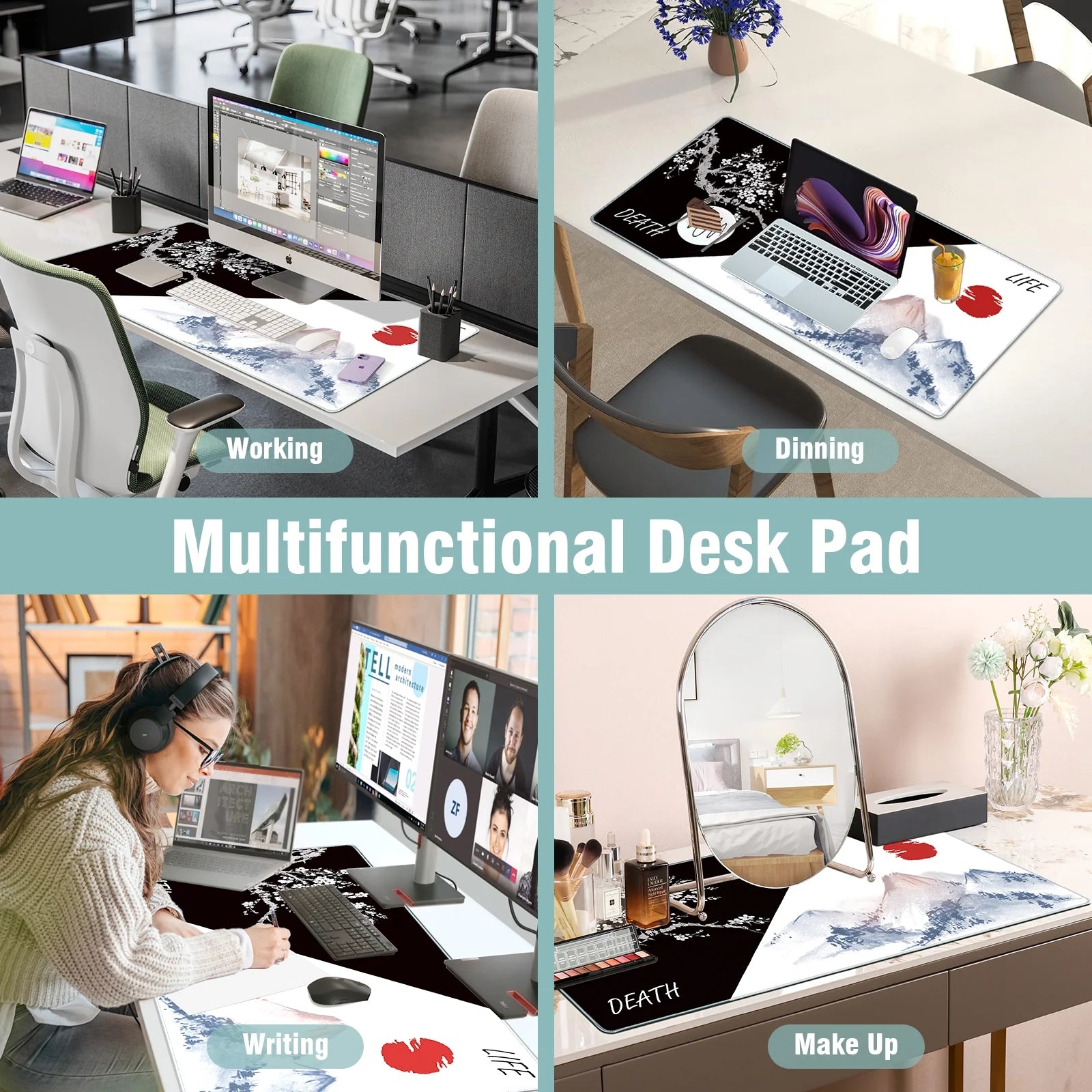 Desk Mat 31.5 X 11.81 Inch XL Extended Gaming Mouse Pad - Large Mouse Pad for Desk - Rubber Base Mousepad with Stitched Edges - Keyboard and Mouse Mat for Work, Game, Office, Home,Japanese Sea Wave