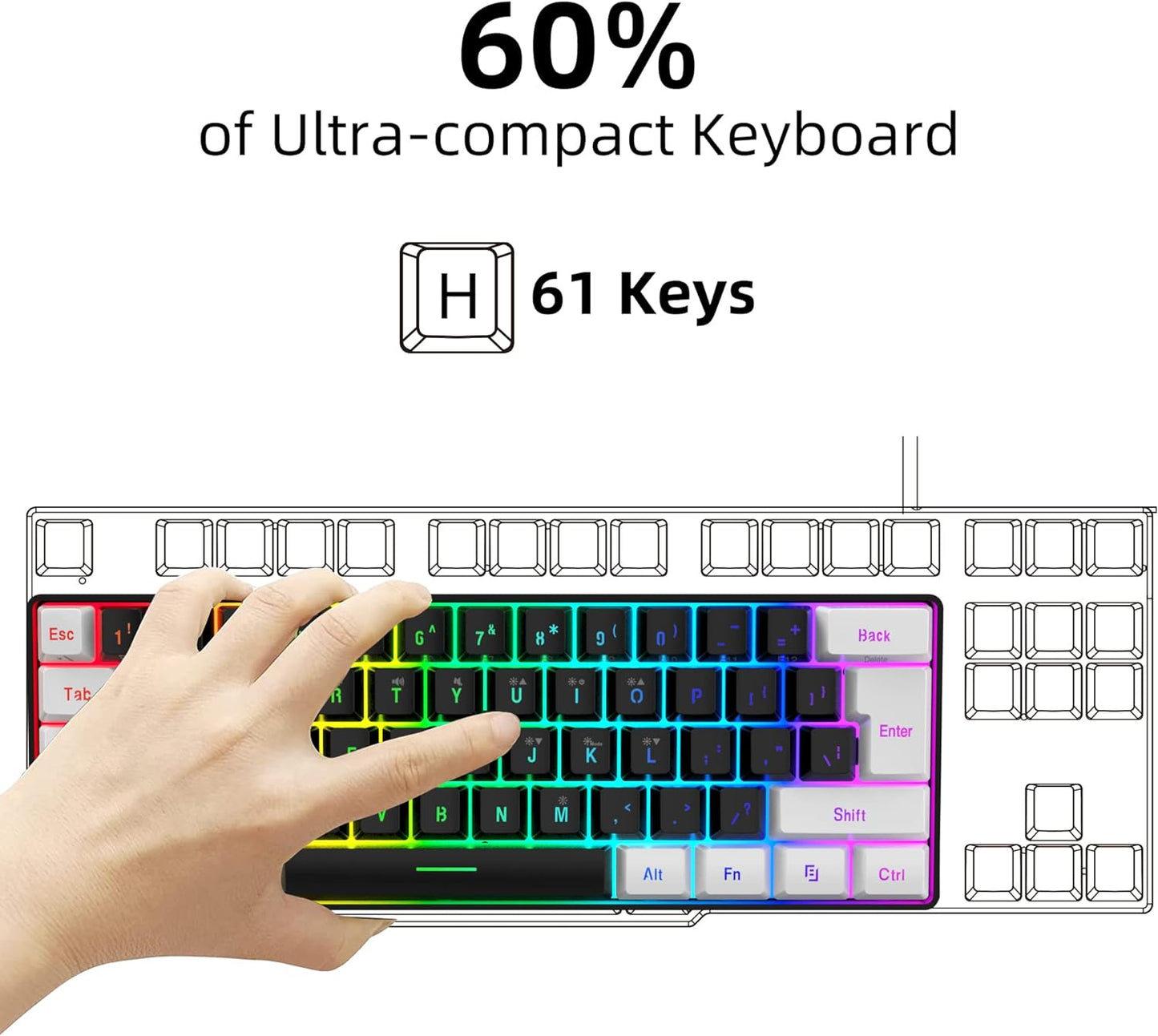 60% Wired Gaming Keyboard, Small RGB Backlit Membrane Gaming Keyboard, Ultra-Compact Mini Waterproof Keyboard for PC Computer Gamer White and Black