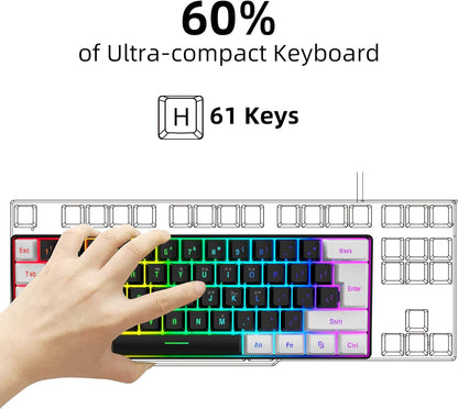 60% Wired Gaming Keyboard, Small RGB Backlit Membrane Gaming Keyboard, Ultra-Compact Mini Waterproof Keyboard for PC Computer Gamer White and Black