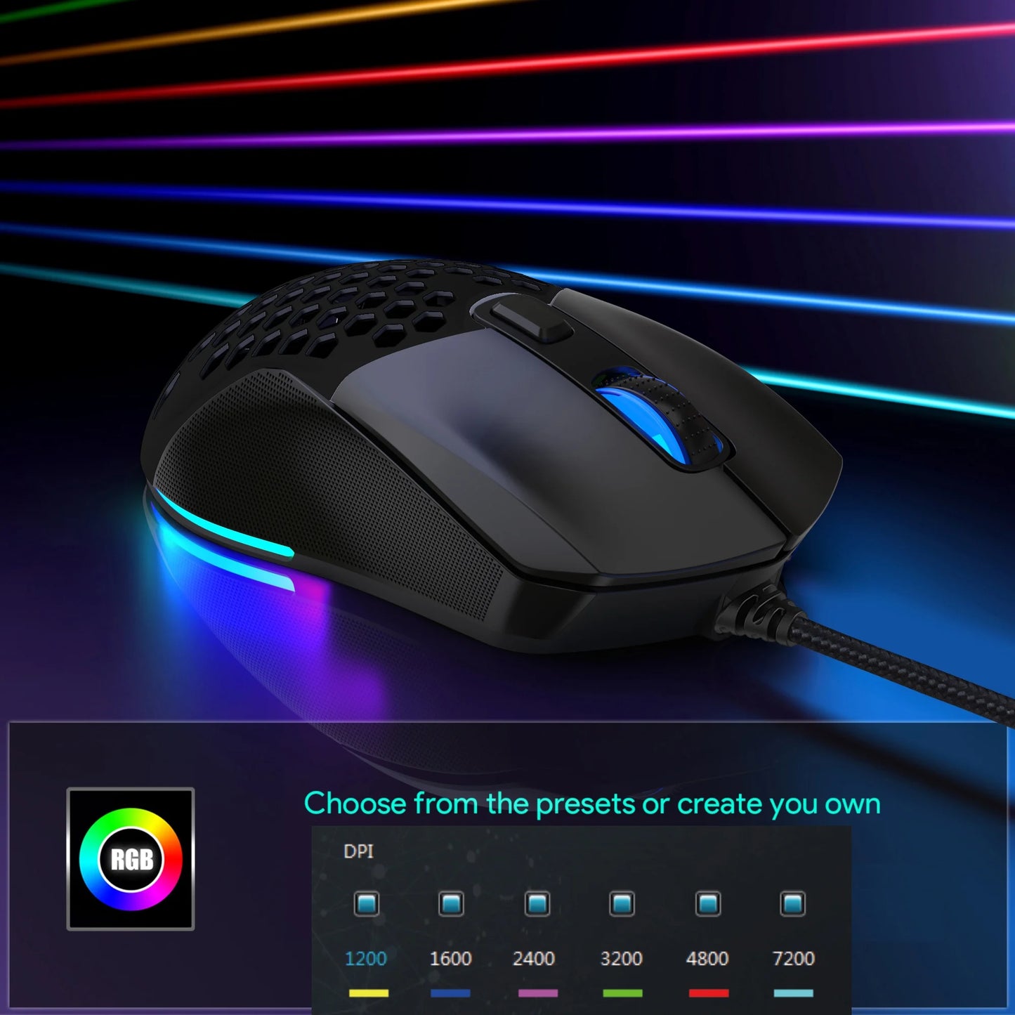 Wired Gaming Mouse with Swap Honeycomb Shell,Adjustable 7200 DPI,6 Programmable Buttons,Lightweight Gaming Mice with 12 RGB Backlight for Windows PC Gaming and Office,Black