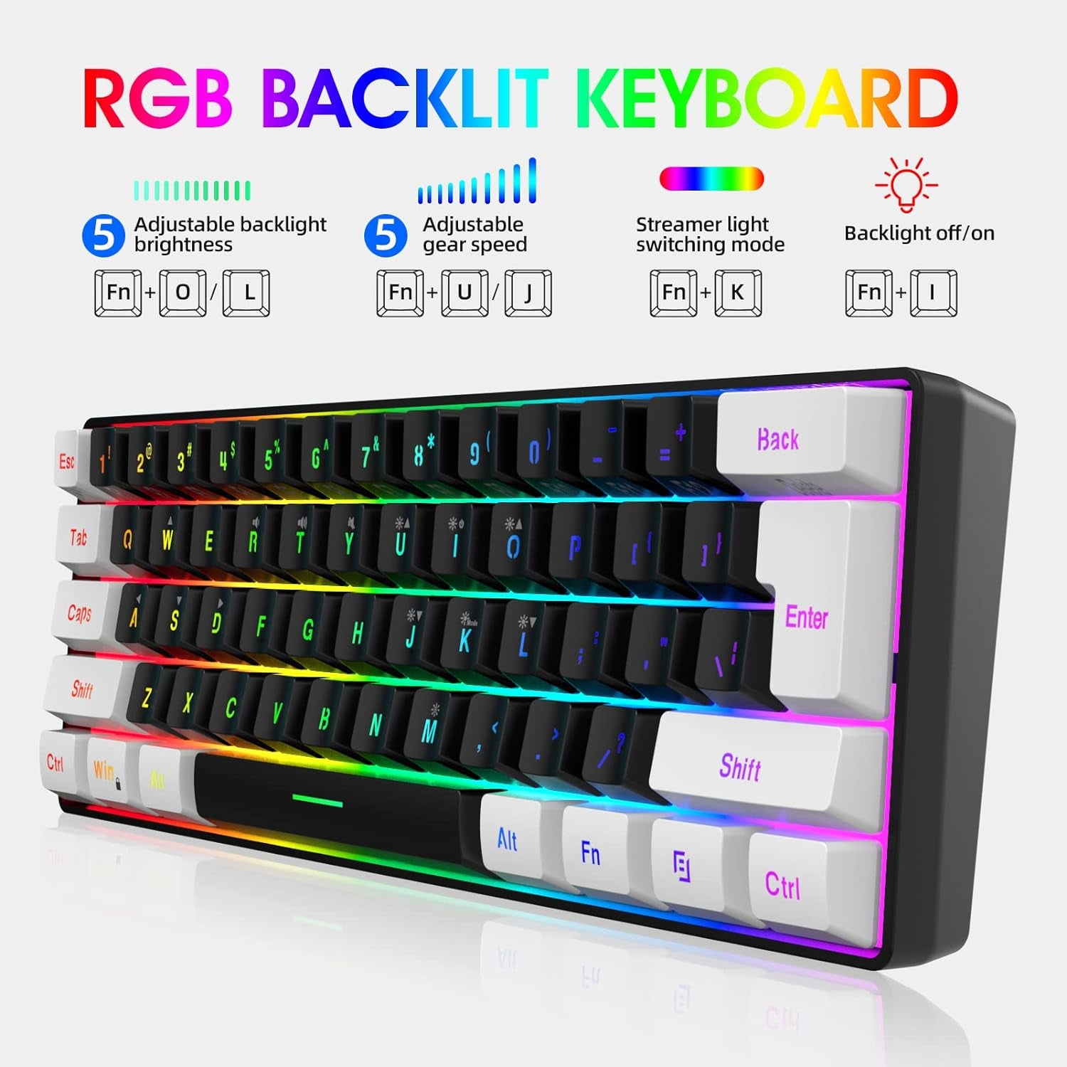 60% Wired Gaming Keyboard, Small RGB Backlit Membrane Gaming Keyboard, Ultra-Compact Mini Waterproof Keyboard for PC Computer Gamer White and Black