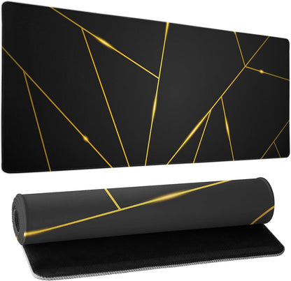 Gaming Mouse Pad 31.5×11.8 Inch XL with Stitched Edges Extended Waterproof Gold Line Black Geometric Desk Pads Non-Slip Rubber Base Large Keyboard Mat Computer Gaming Mousepad for Work/Office/Home