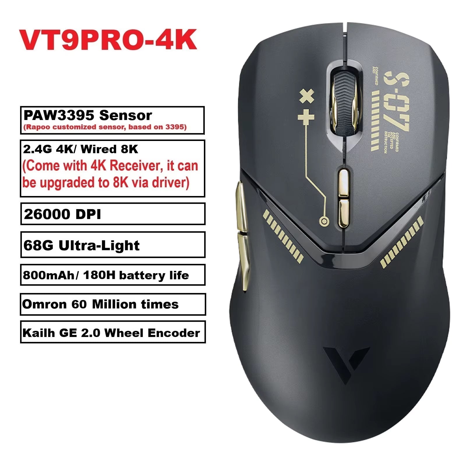 VT9PRO PAW3398 Wireless Gaming Mouse 26000DPI 68G Lightweight Wired Wireless Mouse 160H Super Long Battery Life