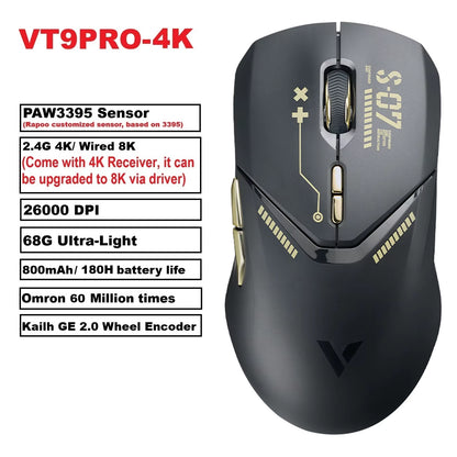VT9PRO PAW3398 Wireless Gaming Mouse 26000DPI 68G Lightweight Wired Wireless Mouse 160H Super Long Battery Life