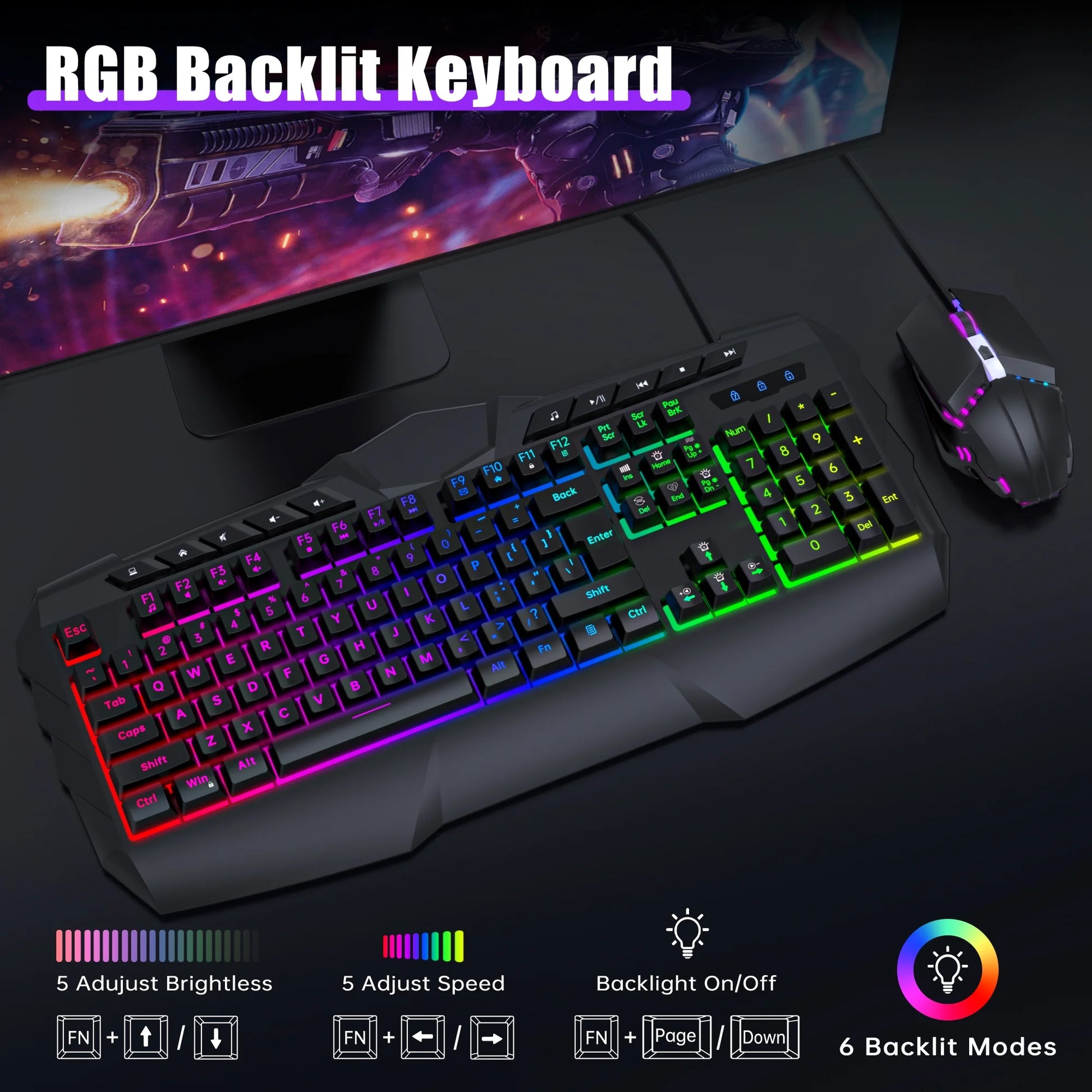 Wired Gaming Keyboard and Mouse Combo, LED RGB Backlit 114 Keys Mechanical Feel Anti-Ghosting Game Keyboard with 12 Multimedia Keys & 7 Colors Backlit Gaming Mouse for Windows PC Laptop Gamer