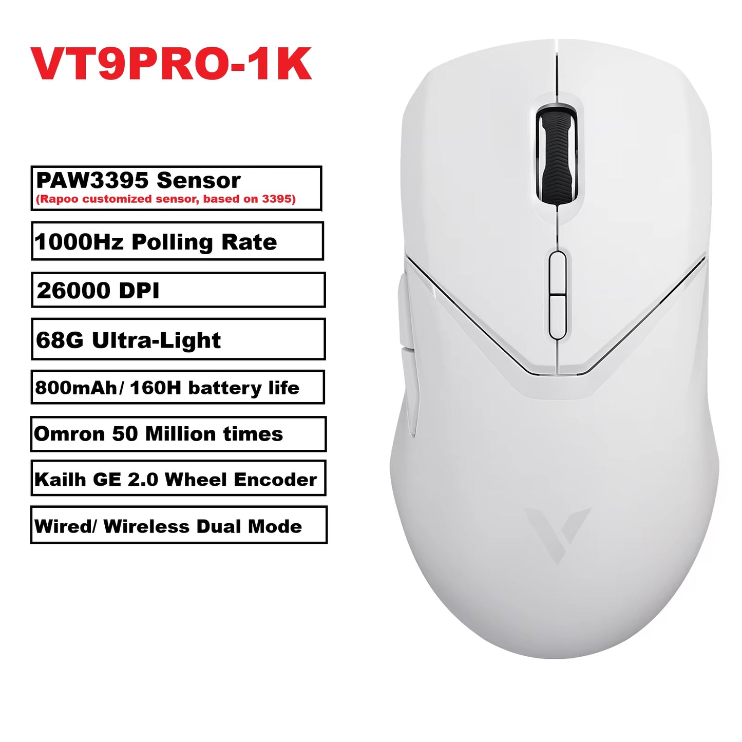 VT9PRO PAW3398 Wireless Gaming Mouse 26000DPI 68G Lightweight Wired Wireless Mouse 160H Super Long Battery Life