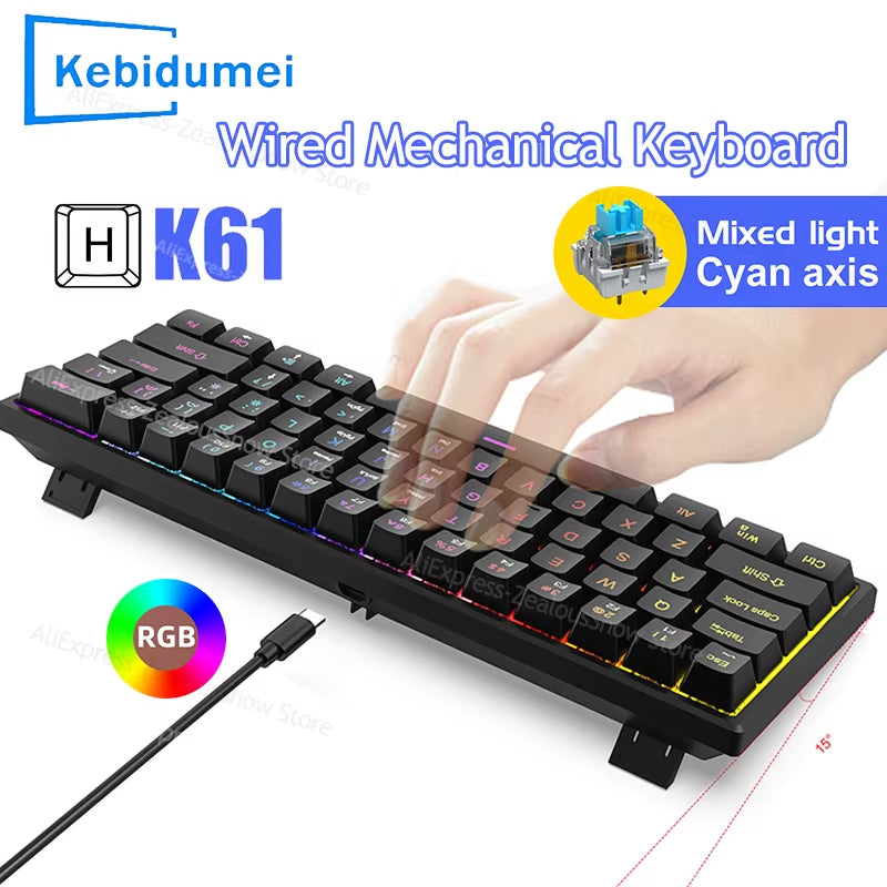61Key Mini Mechanical Keyboard Wired Gamer Keyboard Switch Backlit Cyan Axis Keycaps Keyboard Ergonomic Keyboard for PC Laptop