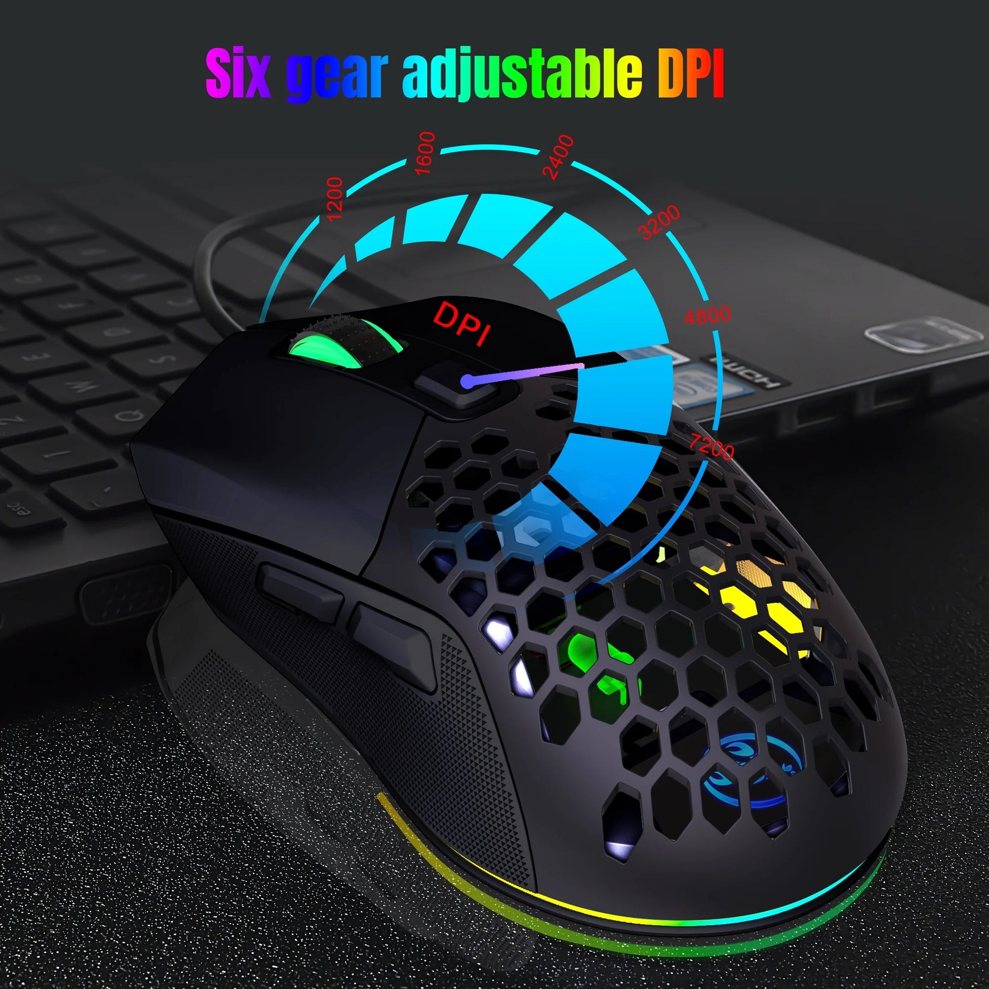 Wired Gaming Mouse with Swap Honeycomb Shell,Adjustable 7200 DPI,6 Programmable Buttons,Lightweight Gaming Mice with 12 RGB Backlight for Windows PC Gaming and Office,Black