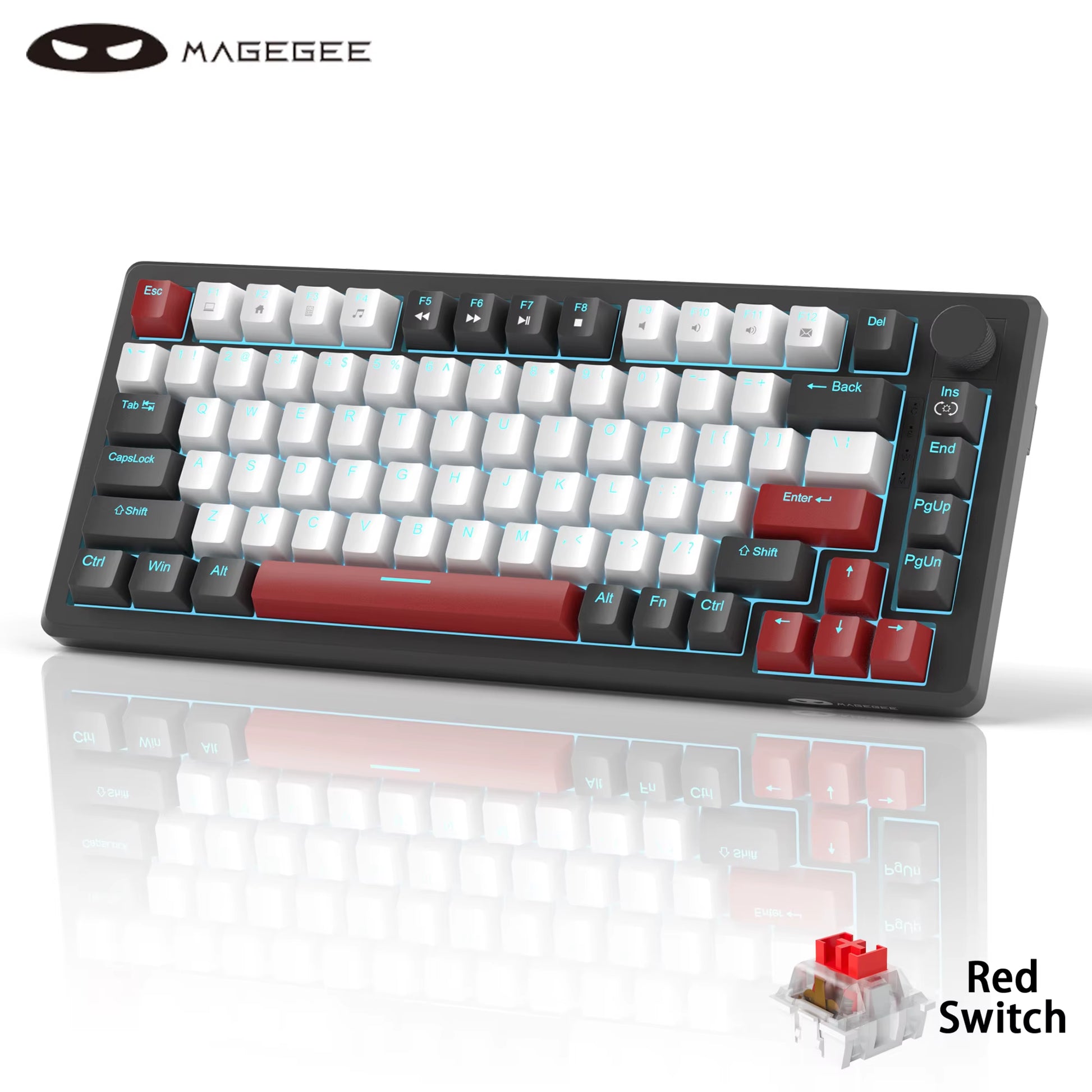 75% Mechanical Gaming Keyboard with Knob Control, Blue Backlit Wired Gaming Keyboard Red/Yellow Switch for PC Windows