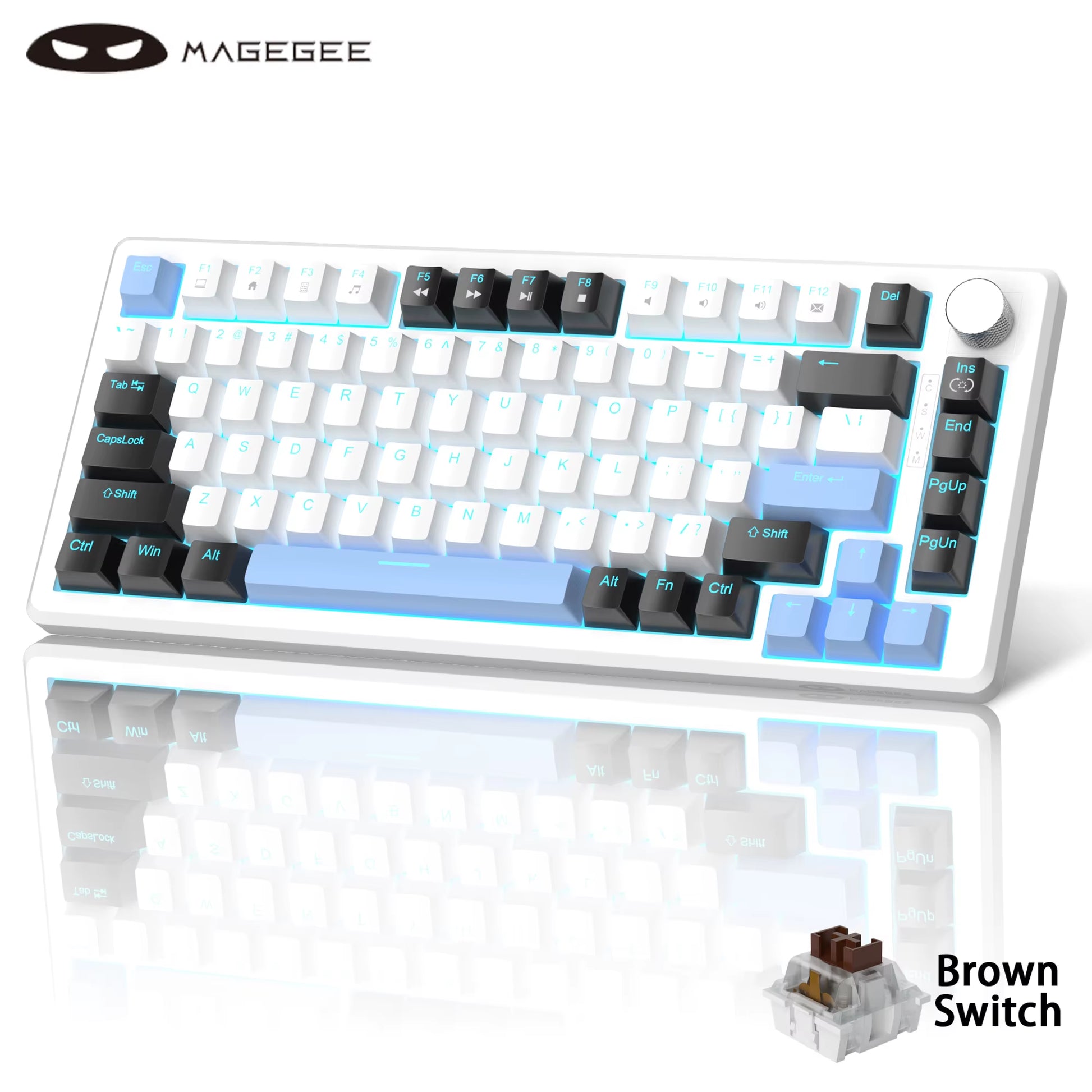 75% Mechanical Gaming Keyboard with Knob Control, Compact Blue Backlit Wired Keyboard Black/Brown Switches for Pcwindows