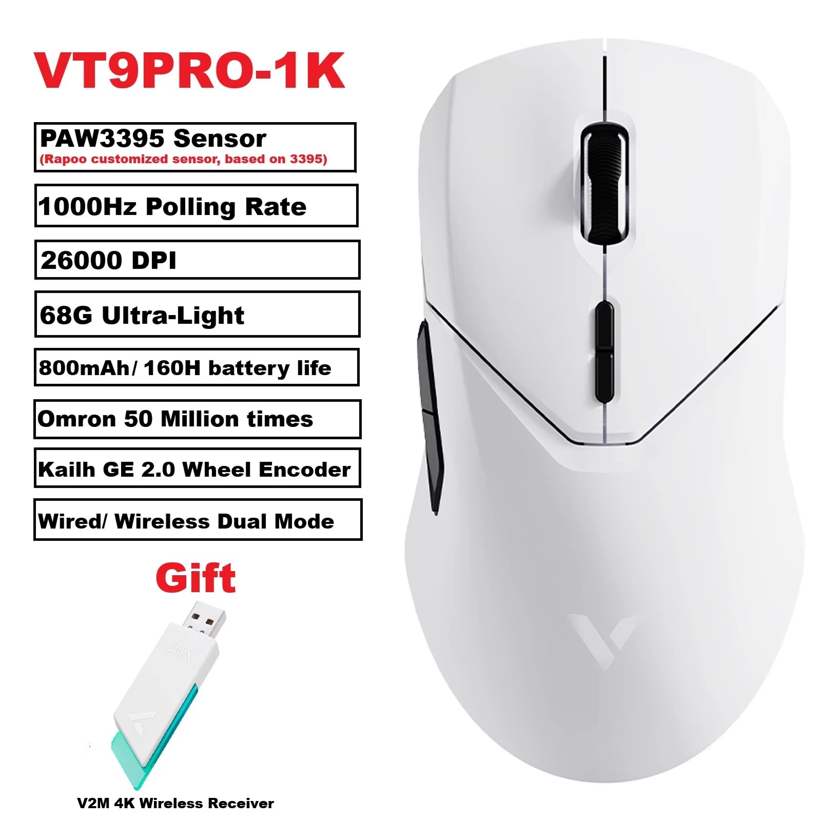 VT9PRO PAW3398 Wireless Gaming Mouse 26000DPI 68G Lightweight Wired Wireless Mouse 160H Super Long Battery Life