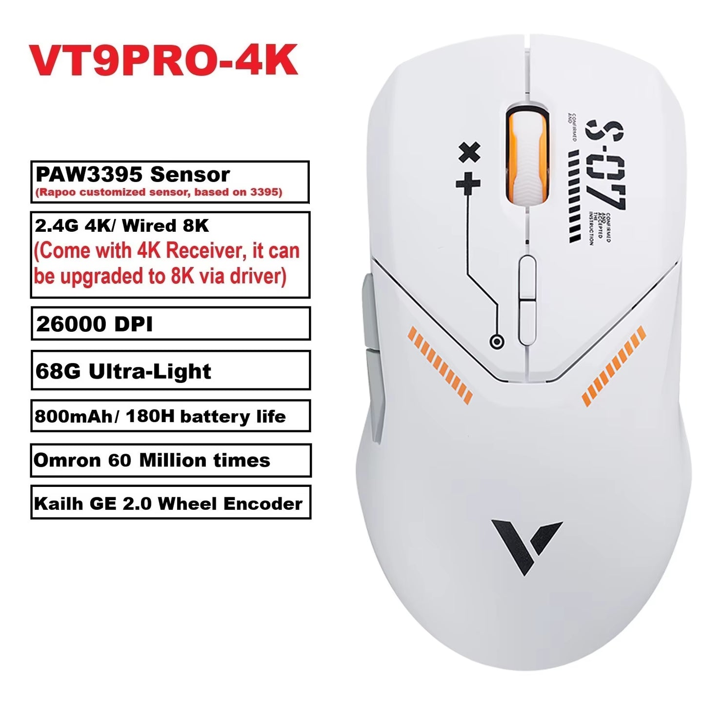 VT9PRO PAW3398 Wireless Gaming Mouse 26000DPI 68G Lightweight Wired Wireless Mouse 160H Super Long Battery Life