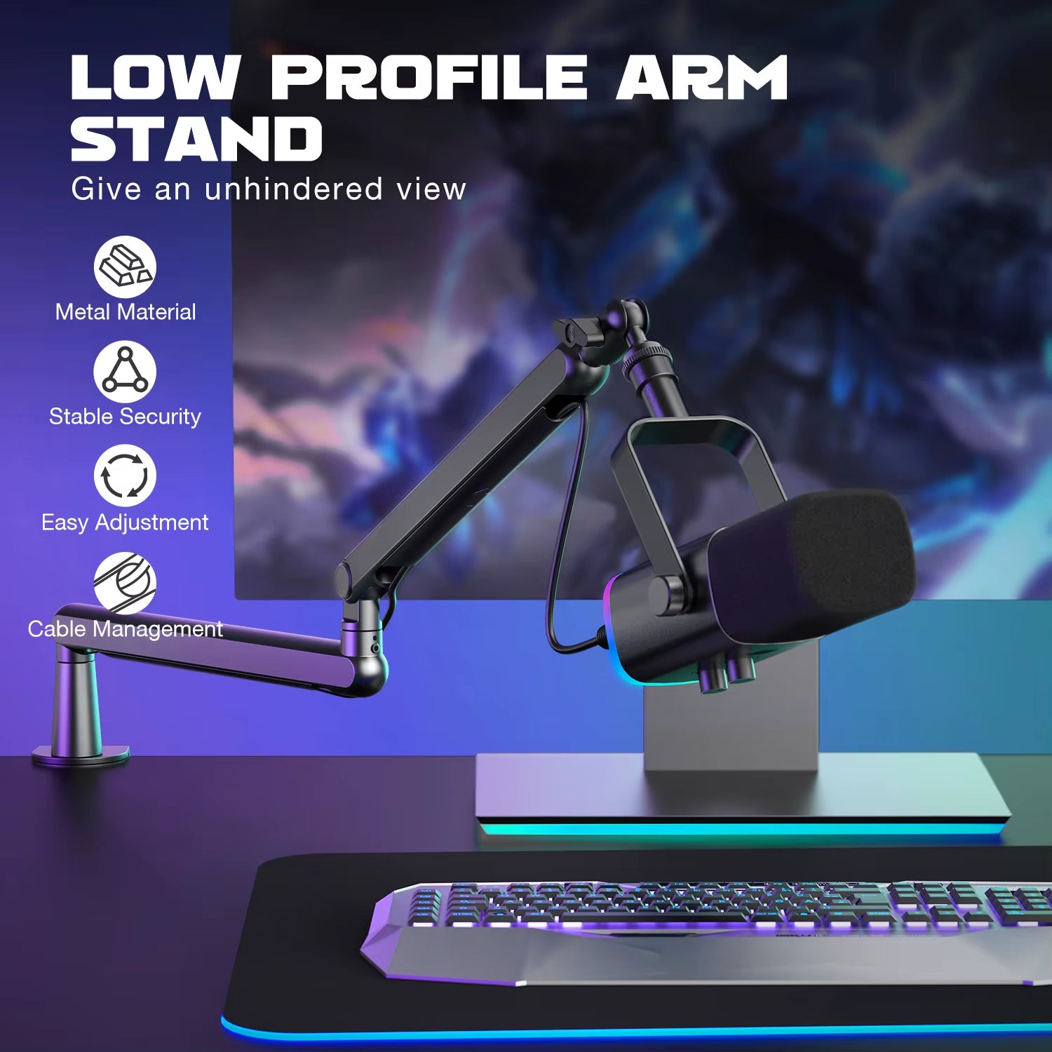 Adjustable Low-Profile Arm Microphone Stand with Cable Managment/Desk Mount, Suspension Boom for K688 Ampligame AM8-BM88