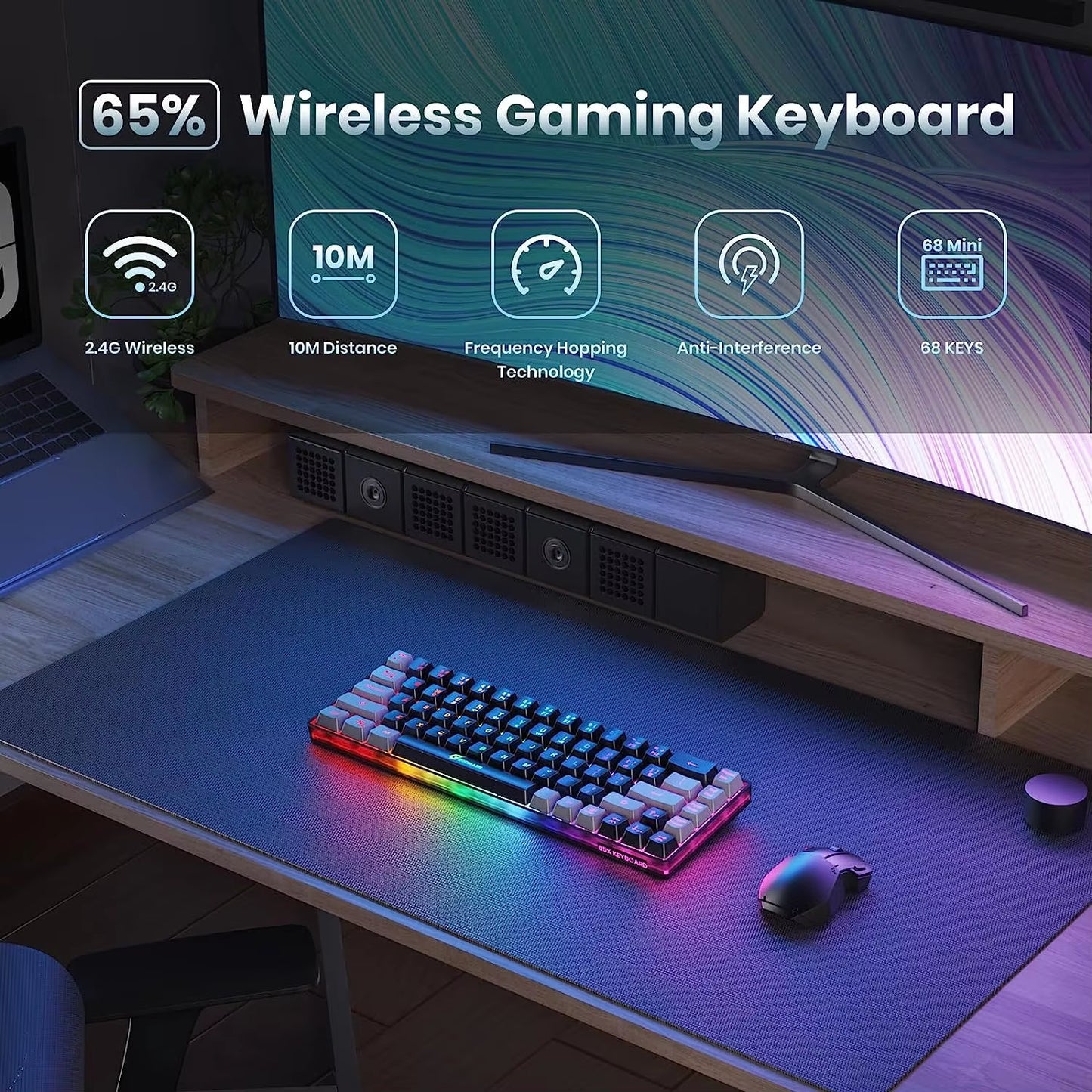 Wireless Gaming Keyboard Rechargeable Backlit Gaming Keyboard 68 Keys English/Spanish Layout 2.4G Keyboard for PC