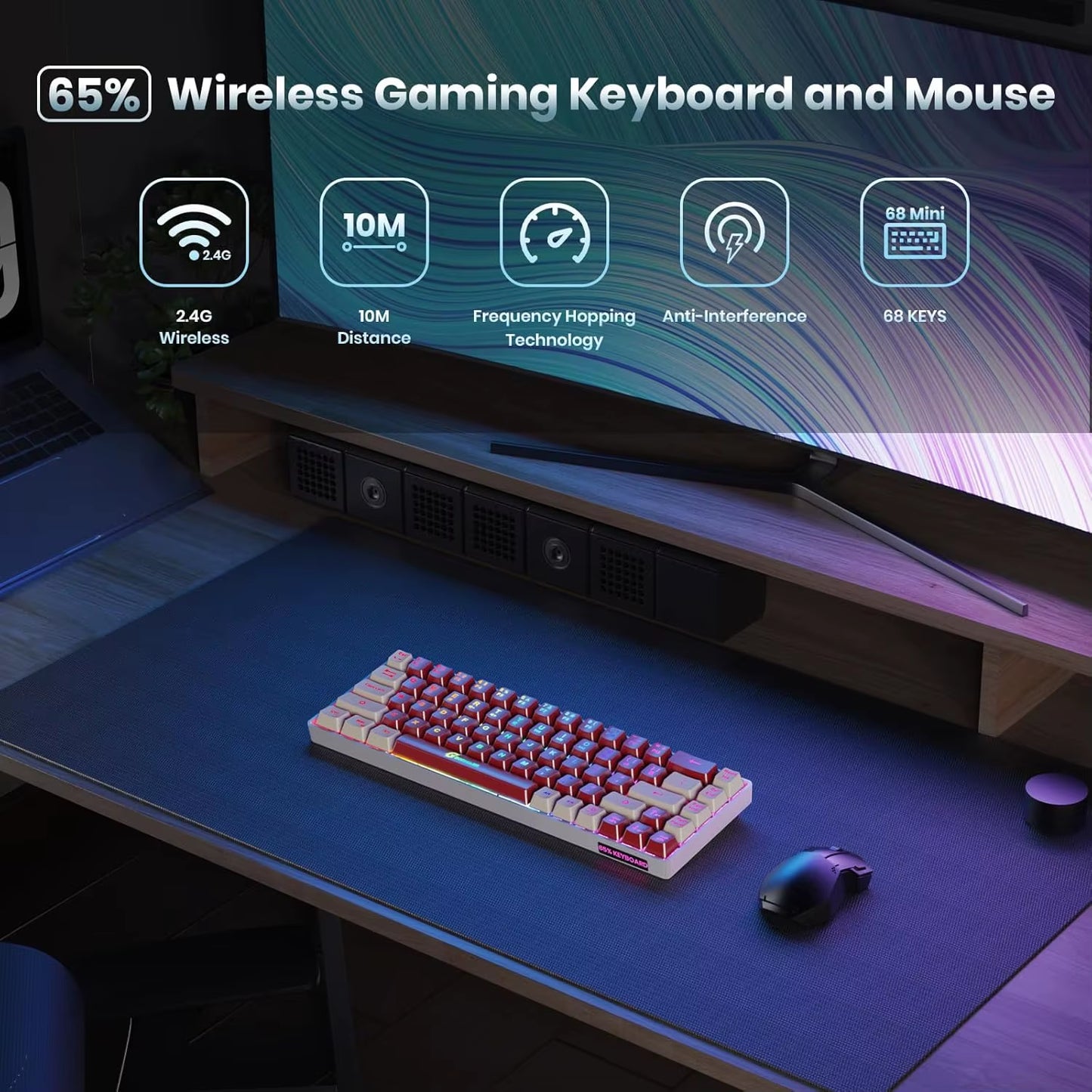 2.4G Wireless Gaming Keyboard 68 Keys Gaming Keyboard Rechargeable Backlit Anti-Ghosting No-Conflict Keyboard for PC