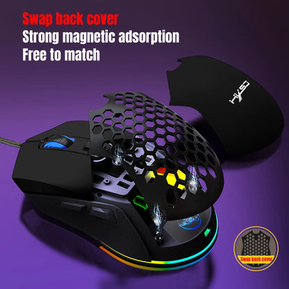Wired Gaming Mouse with Swap Honeycomb Shell,Adjustable 7200 DPI,6 Programmable Buttons,Lightweight Gaming Mice with 12 RGB Backlight for Windows PC Gaming and Office,Black