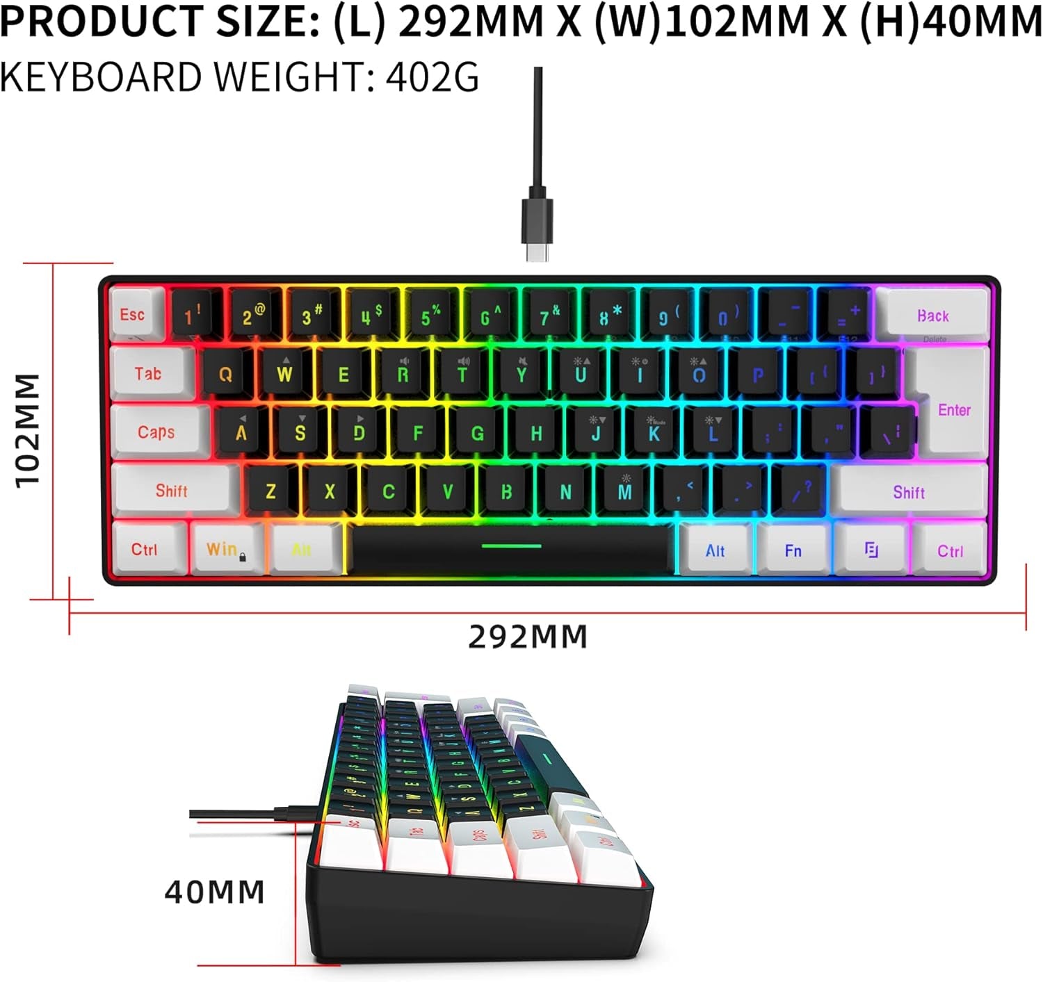 60% Wired Gaming Keyboard, Small RGB Backlit Membrane Gaming Keyboard, Ultra-Compact Mini Waterproof Keyboard for PC Computer Gamer White and Black