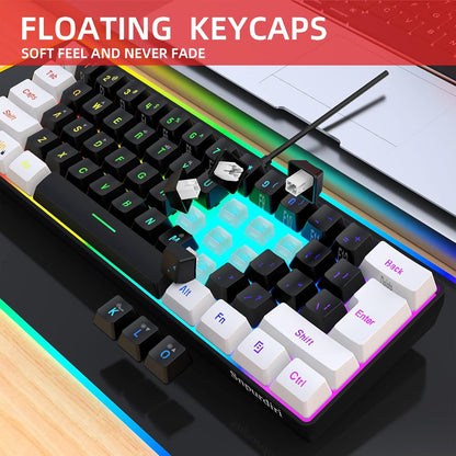 60% Wired Gaming Keyboard, Small RGB Backlit Membrane Gaming Keyboard, Ultra-Compact Mini Waterproof Keyboard for PC Computer Gamer White and Black