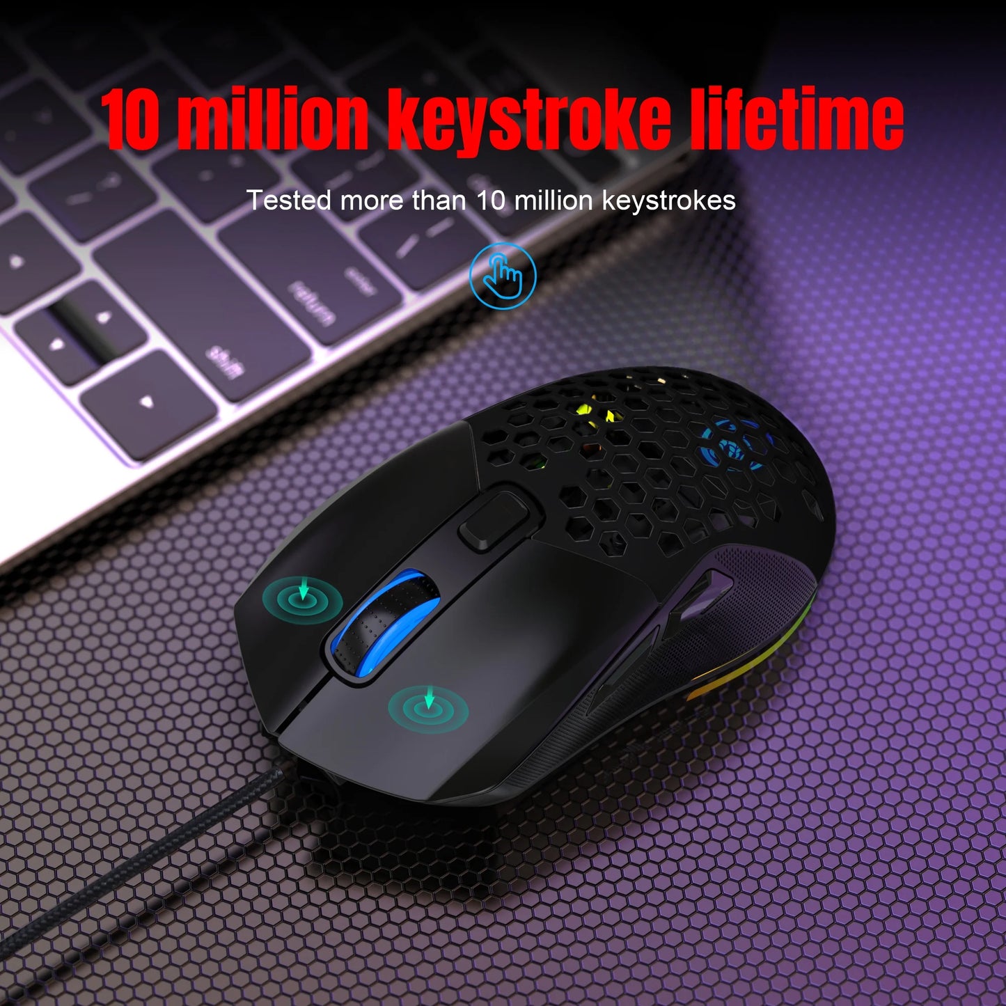 Wired Gaming Mouse with Swap Honeycomb Shell,Adjustable 7200 DPI,6 Programmable Buttons,Lightweight Gaming Mice with 12 RGB Backlight for Windows PC Gaming and Office,Black