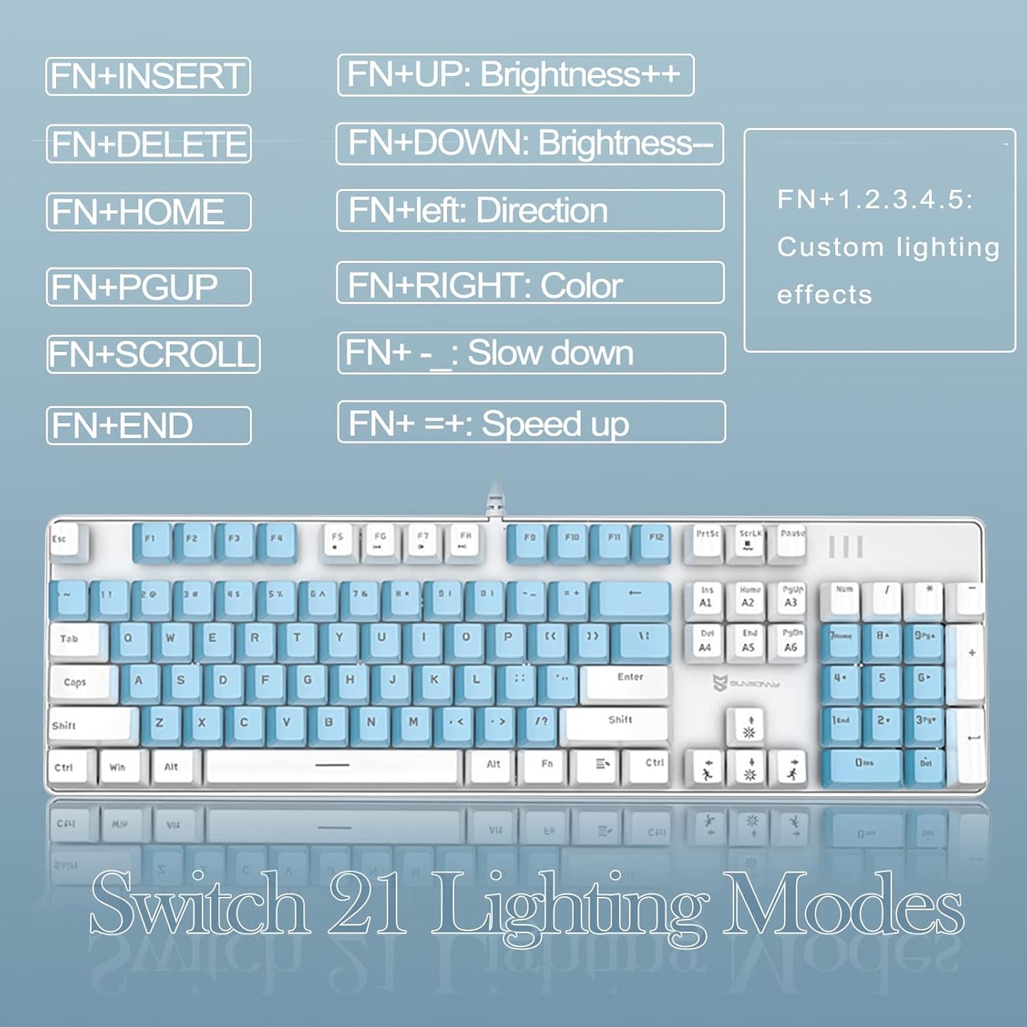 Mechanical Gaming Keyboard, LED Backlit Wired Computer Keyboard with Blue Switches, Compact PC Gaming Keyboard with 21 Lighting Modes, for Windows Laptop PC Mac (Blue Switch)