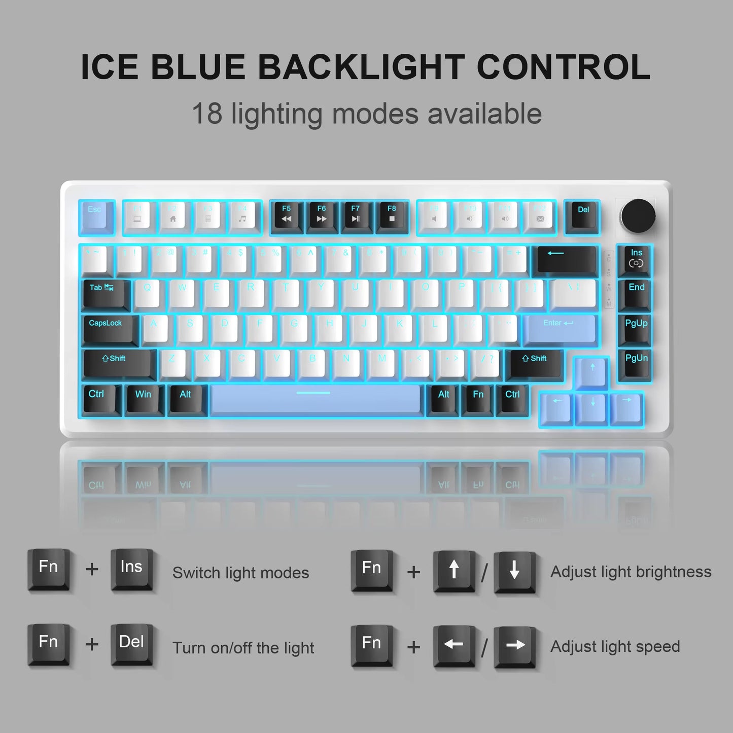 75% Mechanical Gaming Keyboard with Knob Control, Compact Blue Backlit Wired Keyboard Black/Brown Switches for Pcwindows