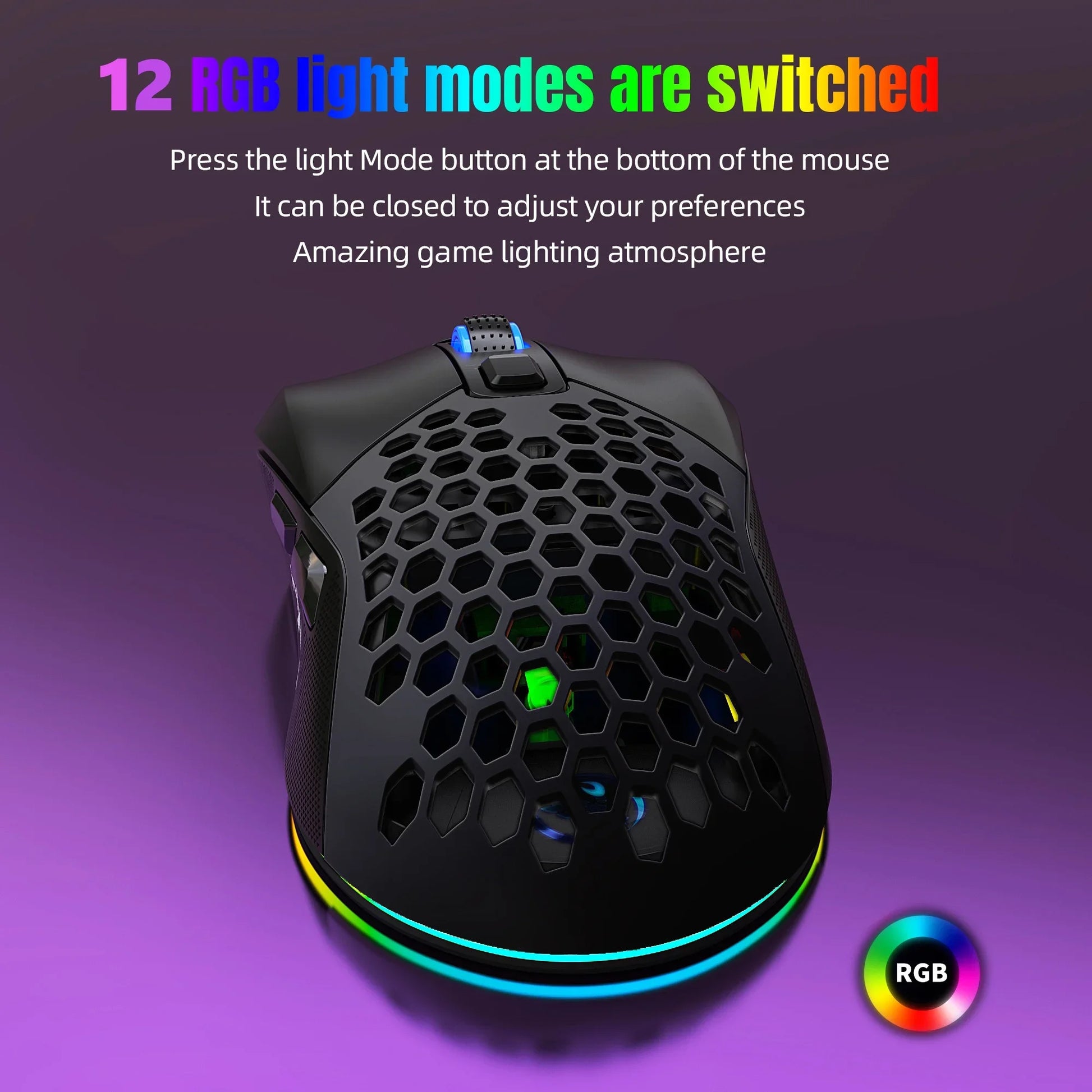 Wired Gaming Mouse with Swap Honeycomb Shell,Adjustable 7200 DPI,6 Programmable Buttons,Lightweight Gaming Mice with 12 RGB Backlight for Windows PC Gaming and Office,Black