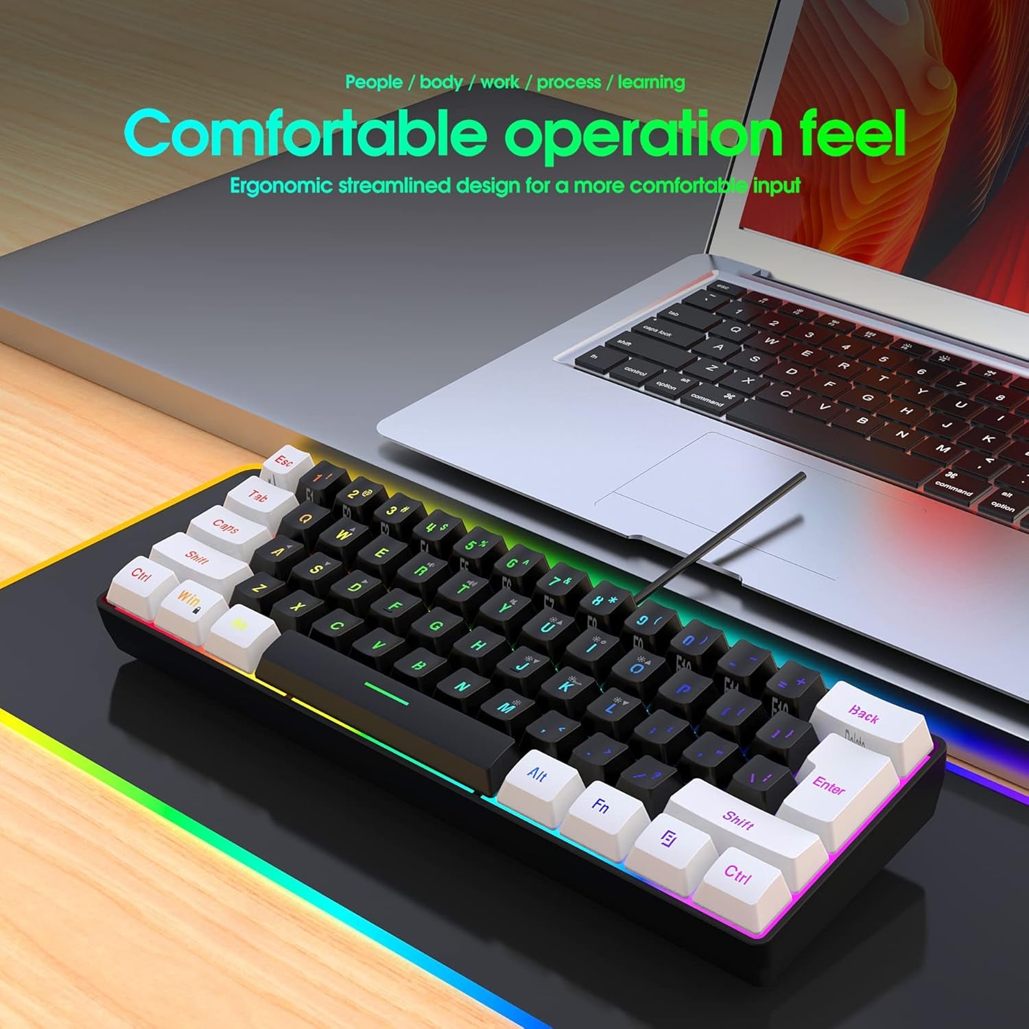 60% Wired Gaming Keyboard, Small RGB Backlit Membrane Gaming Keyboard, Ultra-Compact Mini Waterproof Keyboard for PC Computer Gamer White and Black