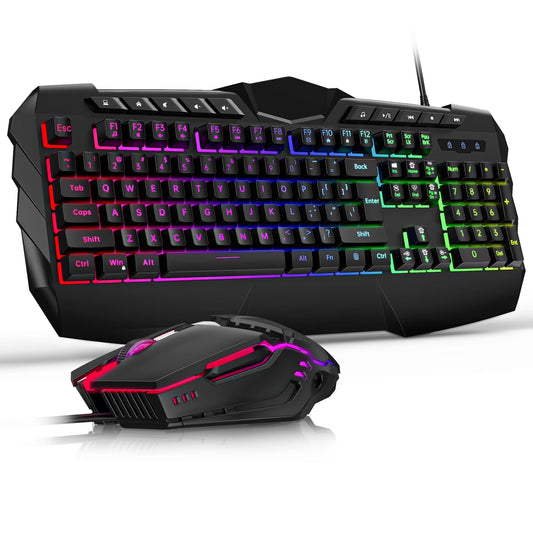 Wired Gaming Keyboard and Mouse Combo, LED RGB Backlit 114 Keys Mechanical Feel Anti-Ghosting Game Keyboard with 12 Multimedia Keys & 7 Colors Backlit Gaming Mouse for Windows PC Laptop Gamer