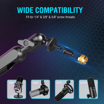 Adjustable Low-Profile Arm Microphone Stand with Cable Managment/Desk Mount, Suspension Boom for K688 Ampligame AM8-BM88