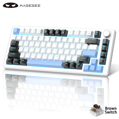 75% Mechanical Gaming Keyboard with Knob Control, Compact Blue Backlit Wired Keyboard Black/Brown Switches for Pcwindows