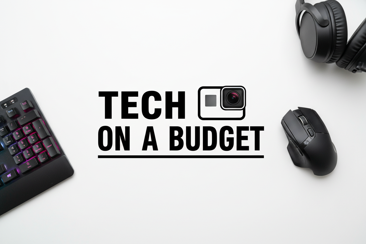 generate me an image of the word "tech on a budget" in bold font with a leyboard to the left and mouse to the right of it at a 75 degree angle pointing to the left and headset just off the screen on a white table and under the text a black line not covering the entire thing just enough to cover the bottom of the text, also add a go pro instead of using the O on "on" 